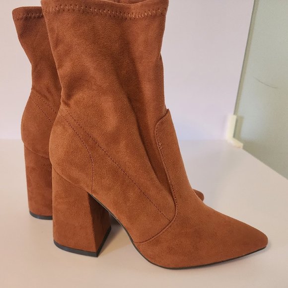 Womens Chunky Heel Pointed Toe Boots Vegan Leather Suede Winter Boot - Picture 1 of 8